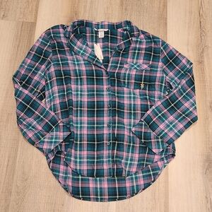 NWT Victoria's Secret Pajama Top, Women's Small, Button Down, Pink Green Plaid